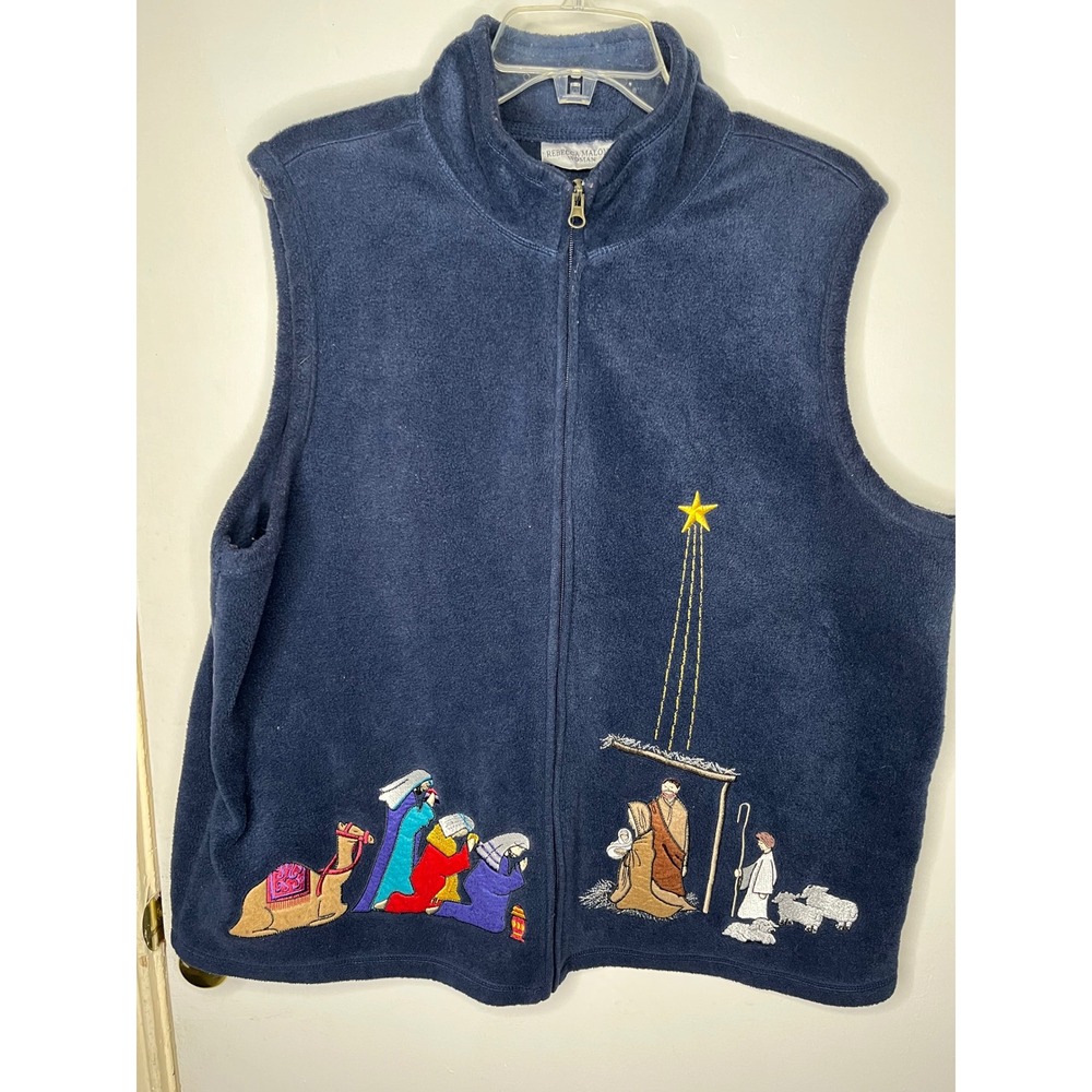 Rebecca Malone Woman 1X Navy Blue Fleece Nativity Scene Embroidered Zip‎ Vest